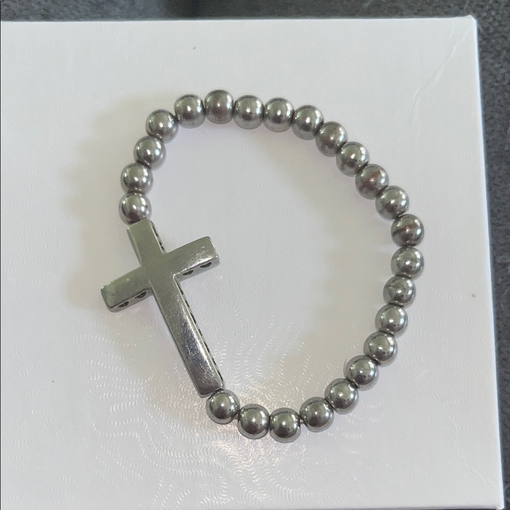 Silver Beaded Cross Stretch Bracelet